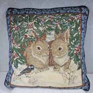 Riverdale Snow Bunnies Couple Tapestry Pillow 16" Square Floral Easter Cushion